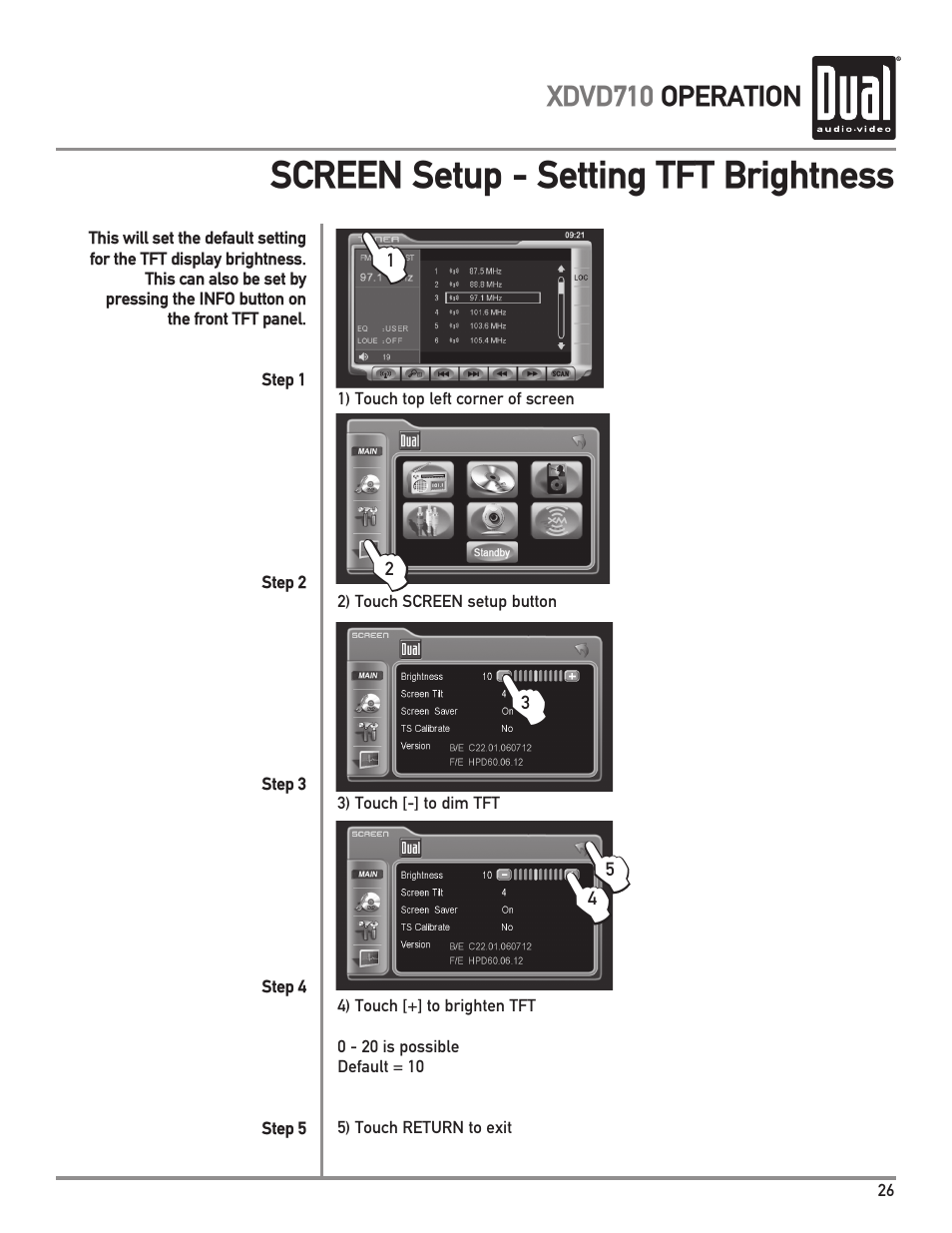 Screen setup - setting tft brightness | Dual Electronics XDVD710 User Manual | Page 27 / 56