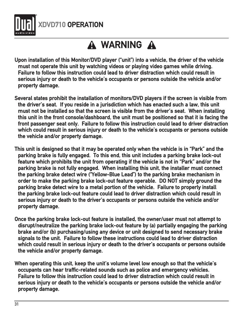 Warning, Xdvd710 operation | Dual Electronics XDVD710 User Manual | Page 32 / 56