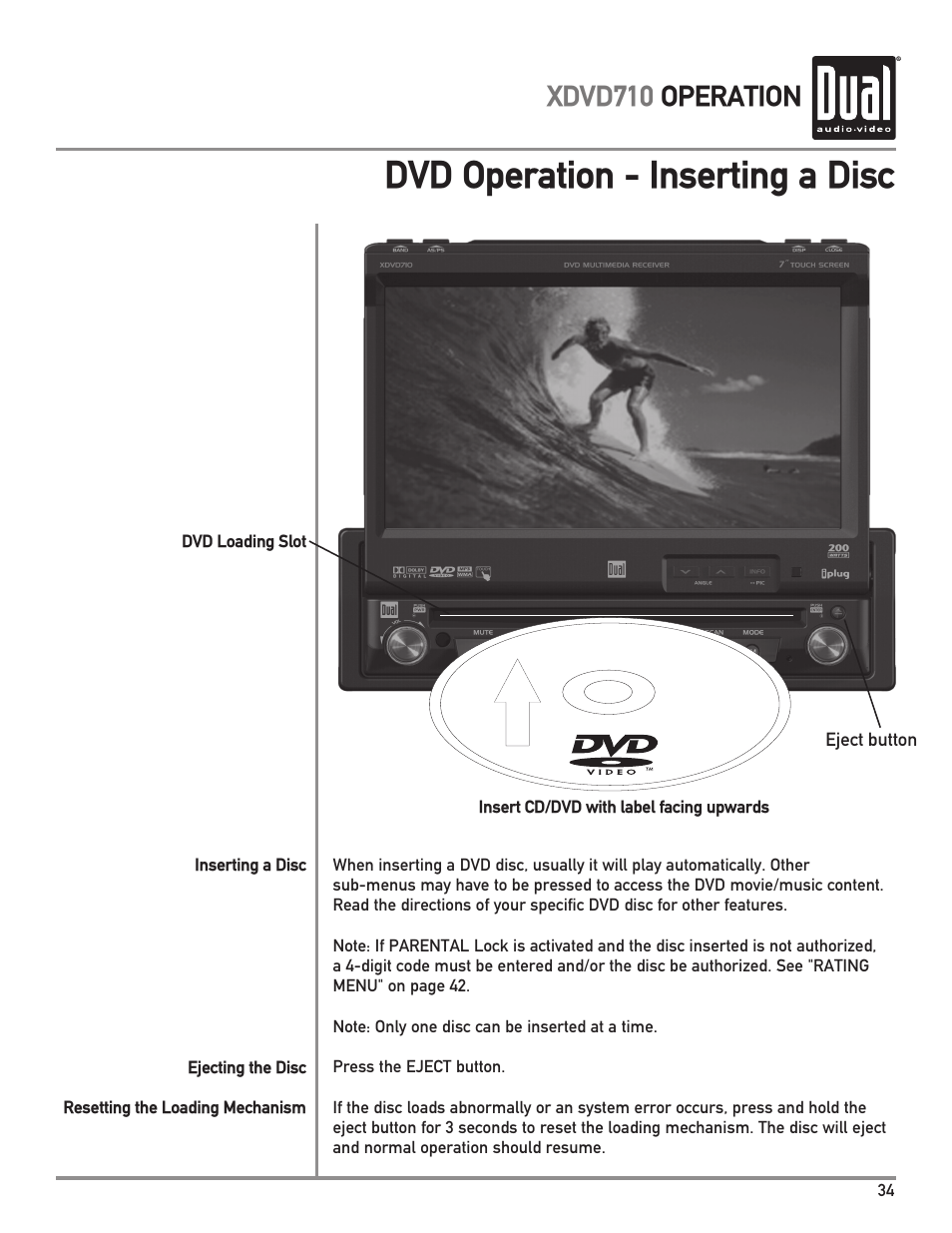 Dvd operation - inserting a disc, Xdvd710 operation | Dual Electronics XDVD710 User Manual | Page 35 / 56