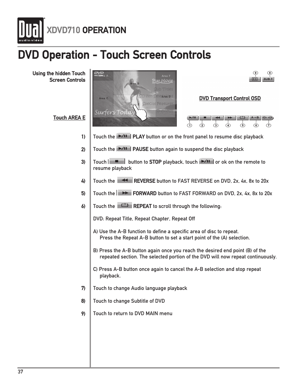 Dvd operation - touch screen controls, Xdvd710 operation | Dual Electronics XDVD710 User Manual | Page 38 / 56
