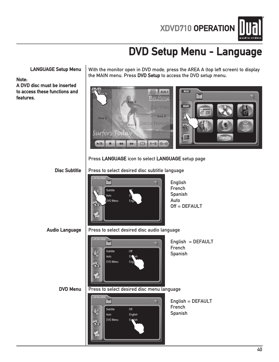 Dvd setup menu - language, Xdvd710 operation | Dual Electronics XDVD710 User Manual | Page 41 / 56