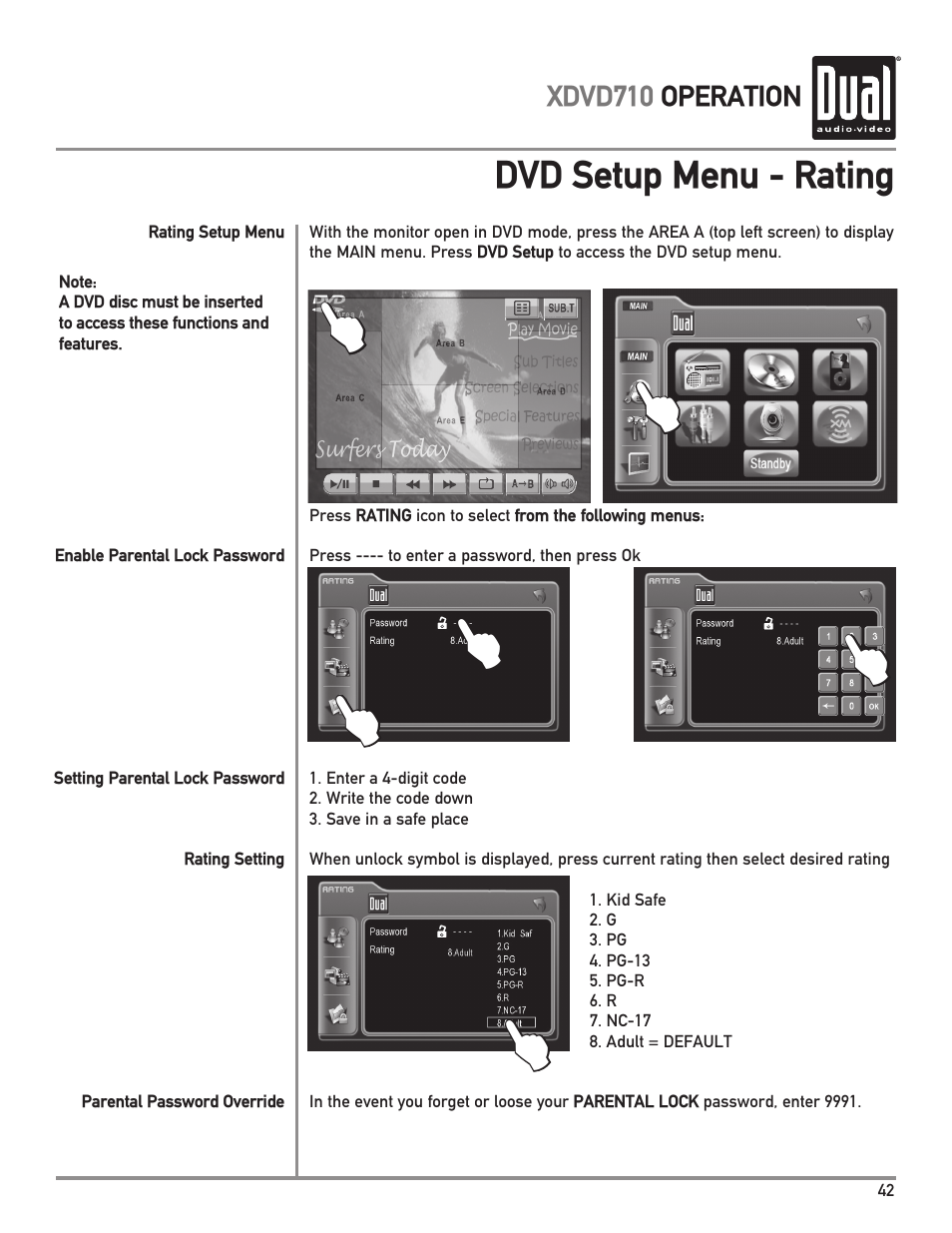 Dvd setup menu - rating, Xdvd710 operation | Dual Electronics XDVD710 User Manual | Page 43 / 56