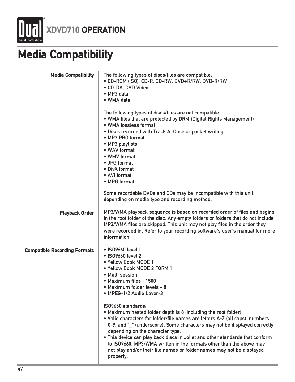 Media compatibility, Xdvd710 operation | Dual Electronics XDVD710 User Manual | Page 48 / 56