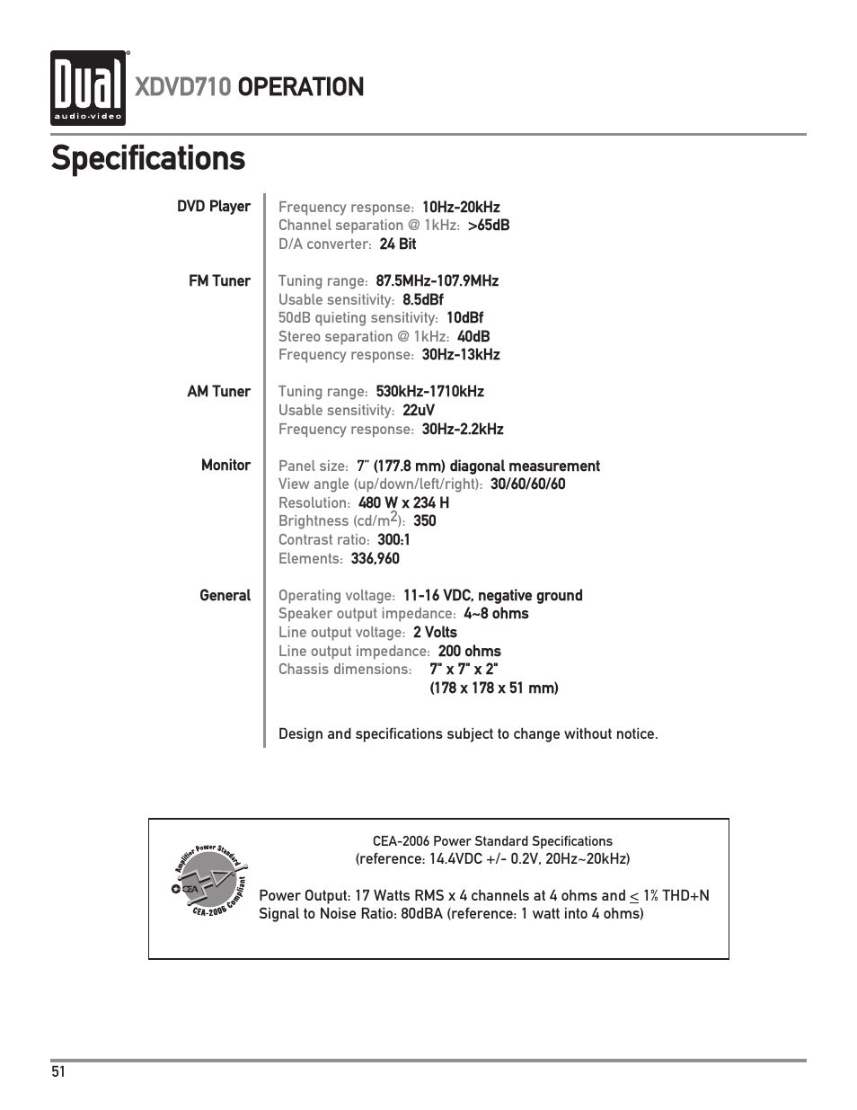 Specifications, Xdvd710 operation | Dual Electronics XDVD710 User Manual | Page 52 / 56