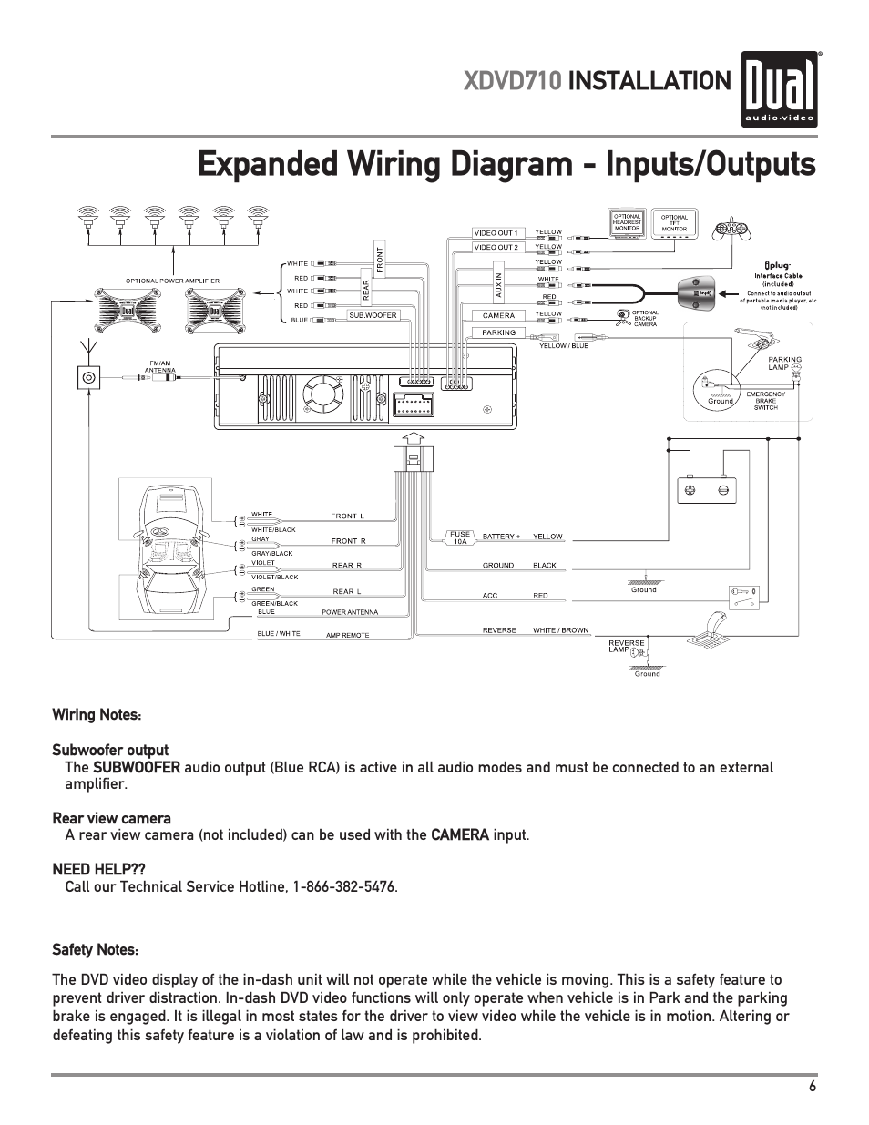 Expanded wiring diagram - inputs/outputs, Xdvd710 installation | Dual Electronics XDVD710 User Manual | Page 7 / 56