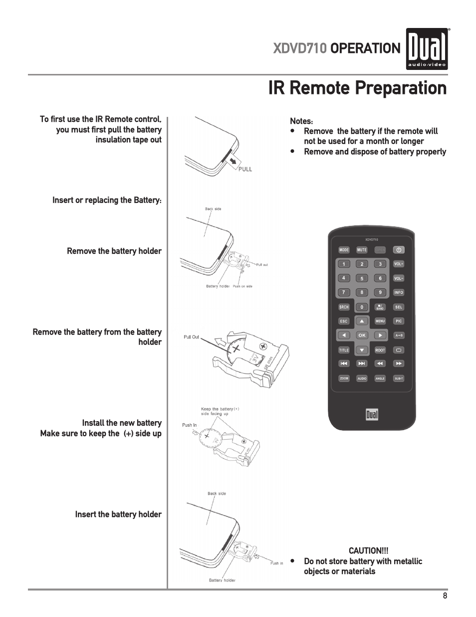 Ir remote preparation, Xdvd710 operation | Dual Electronics XDVD710 User Manual | Page 9 / 56