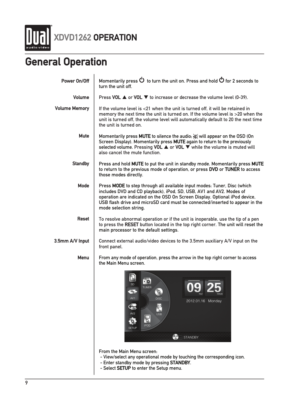 General operation, Xdvd1262 operation | Dual Electronics XDVD1262 User Manual | Page 10 / 36
