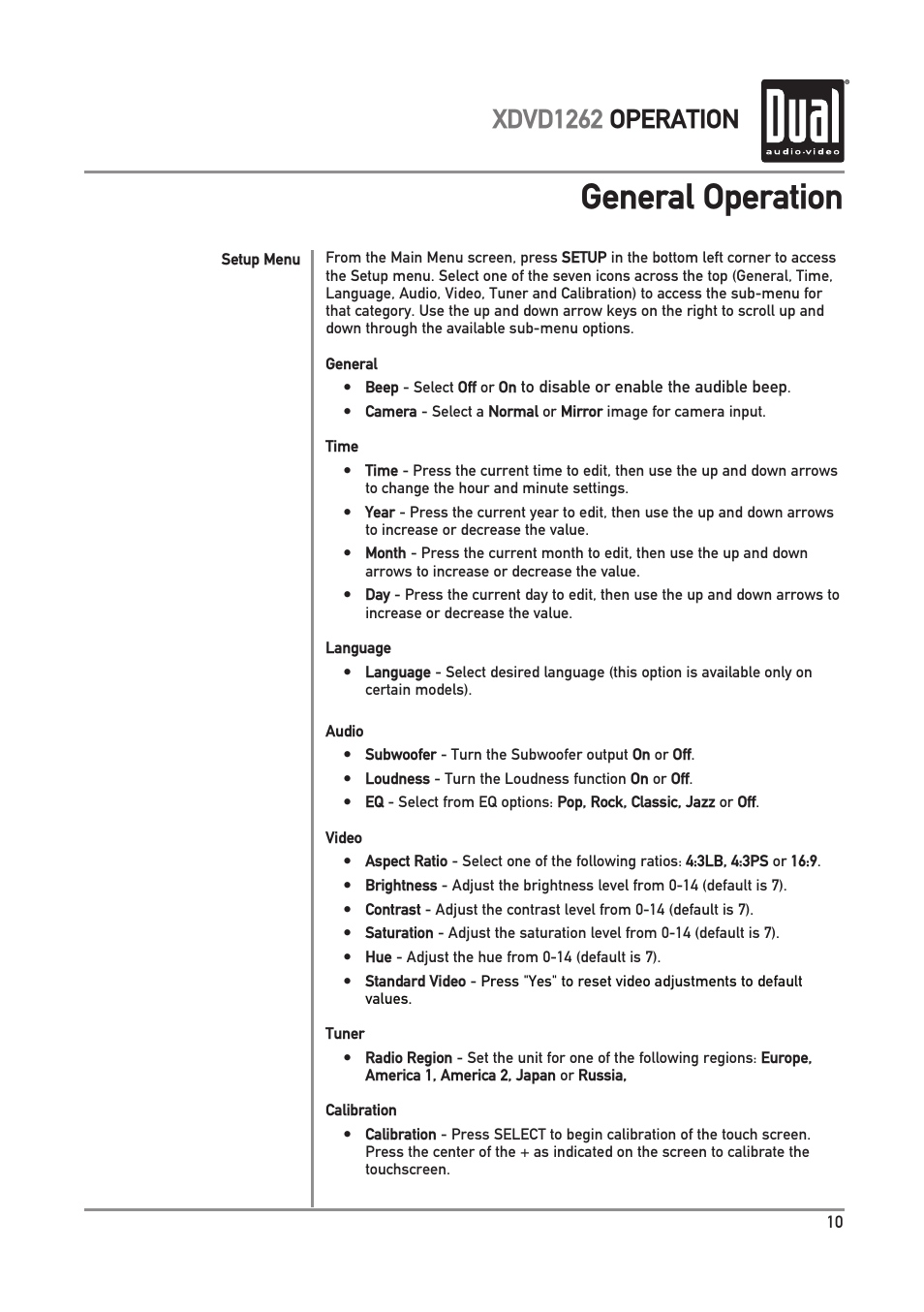 General operation, Xdvd1262 operation | Dual Electronics XDVD1262 User Manual | Page 11 / 36