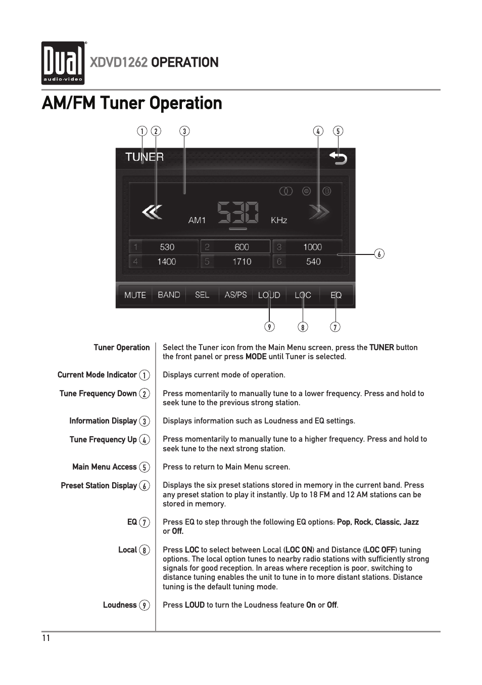 Am/fm tuner operation, Xdvd1262 operation | Dual Electronics XDVD1262 User Manual | Page 12 / 36