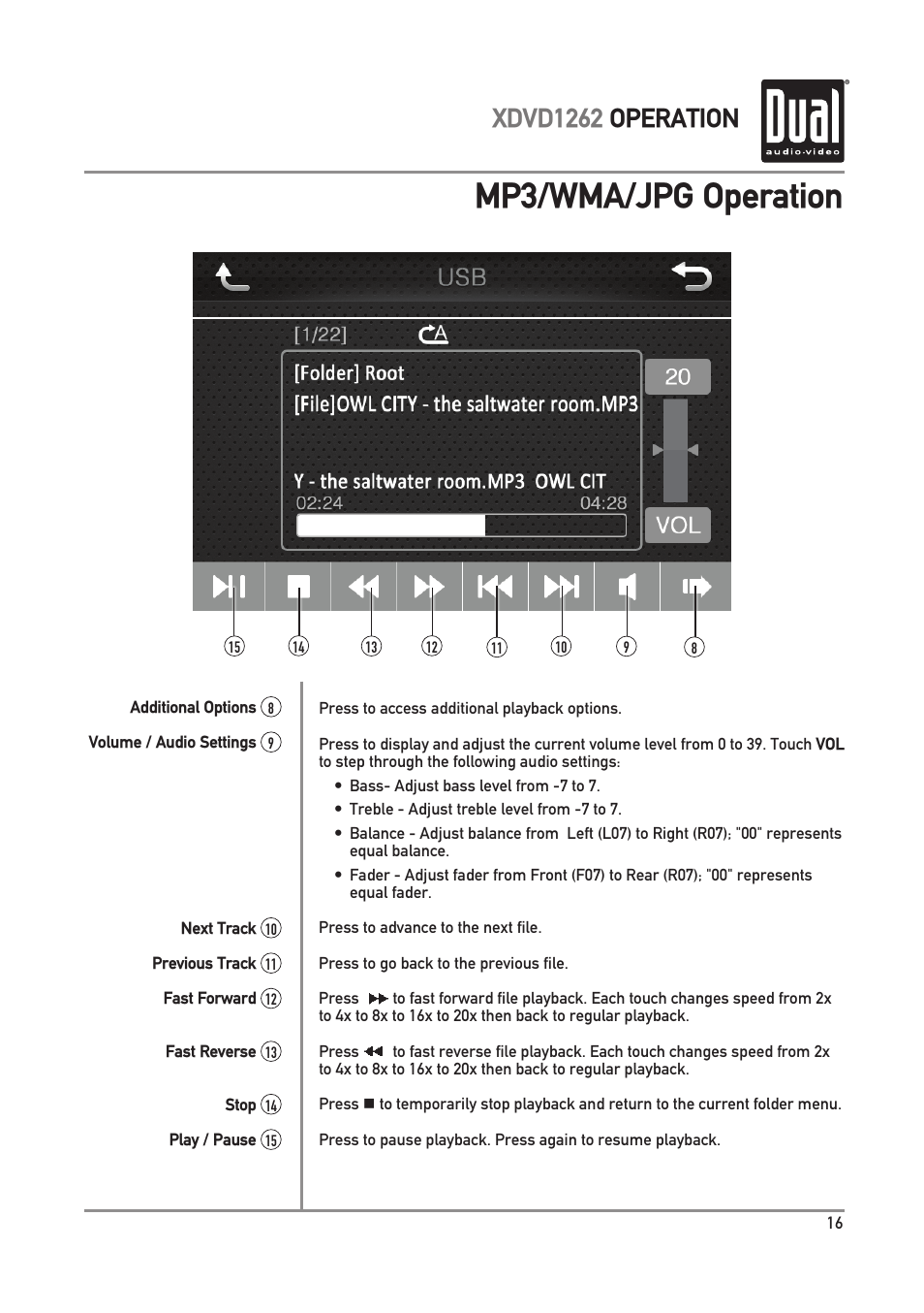 Mp3/wma/jpg operation, Xdvd1262 operation | Dual Electronics XDVD1262 User Manual | Page 17 / 36
