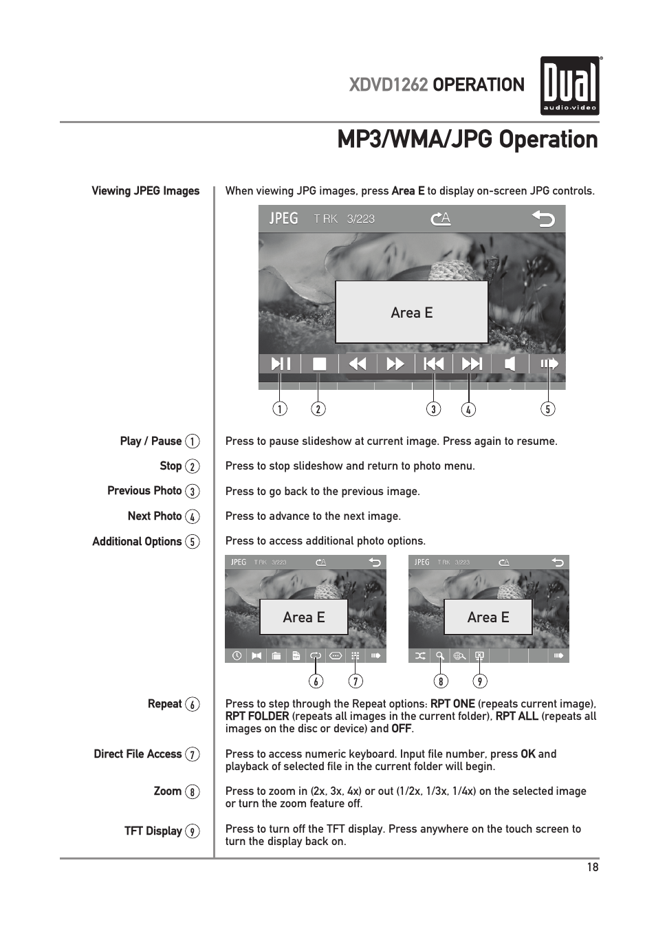 Mp3/wma/jpg operation, Xdvd1262 operation | Dual Electronics XDVD1262 User Manual | Page 19 / 36