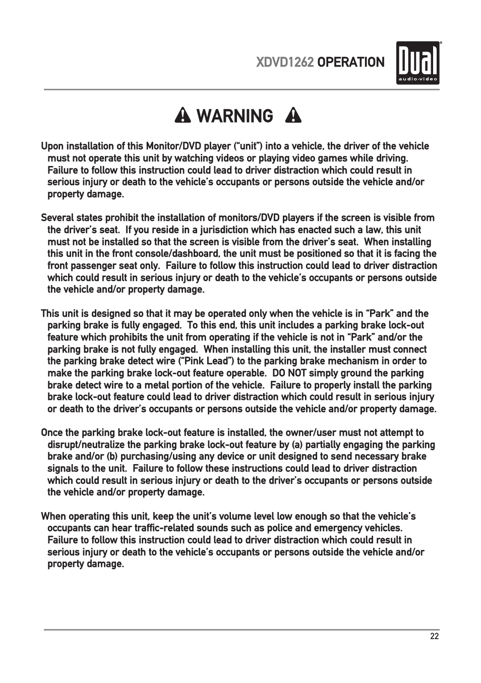 Warning, Xdvd1262 operation | Dual Electronics XDVD1262 User Manual | Page 23 / 36