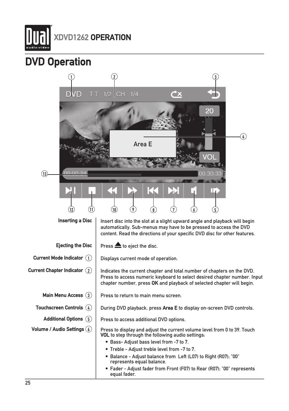 Dvd operation, Xdvd1262 operation, Area e | Dual Electronics XDVD1262 User Manual | Page 26 / 36