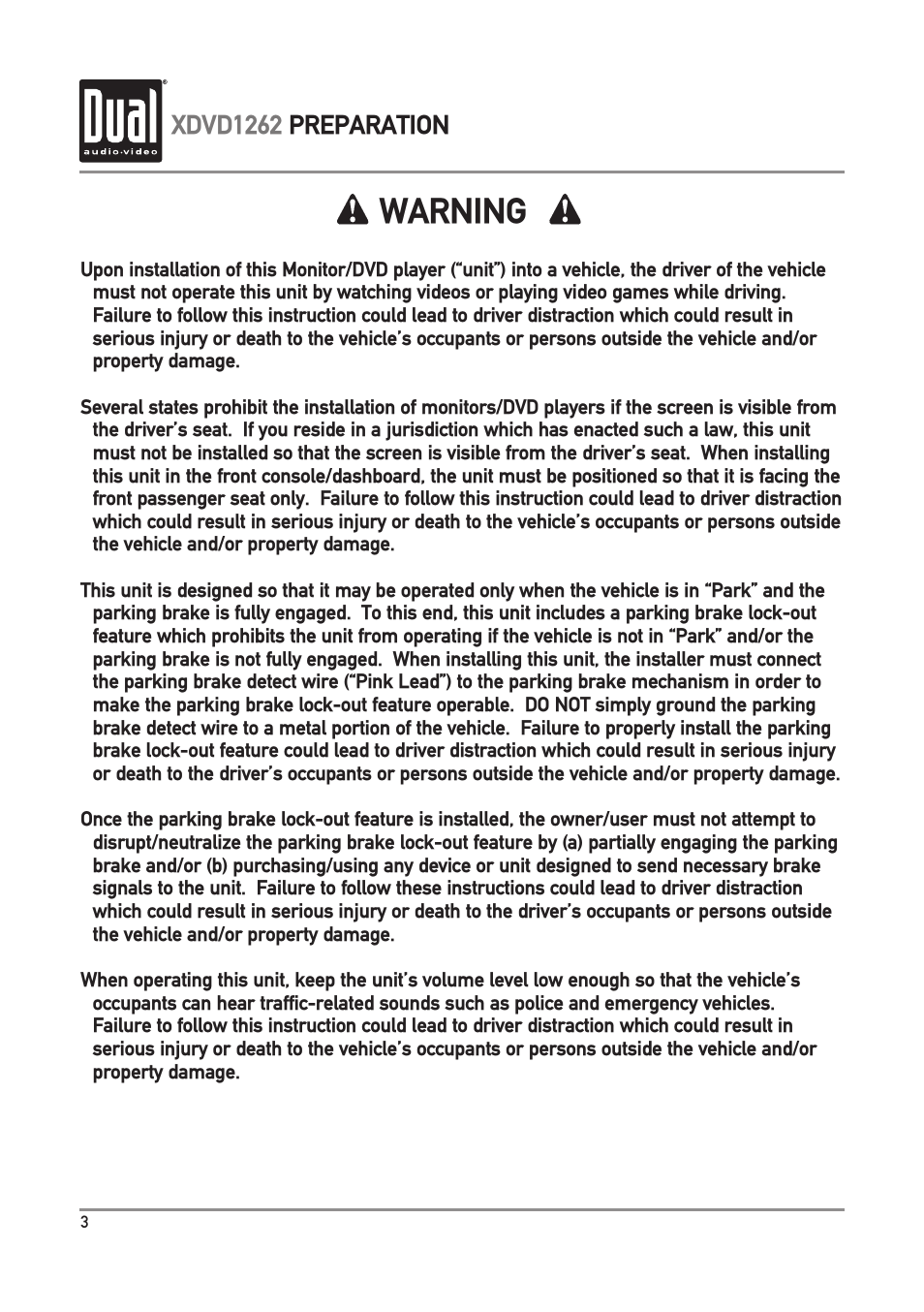 Warning, Xdvd1262 preparation | Dual Electronics XDVD1262 User Manual | Page 4 / 36