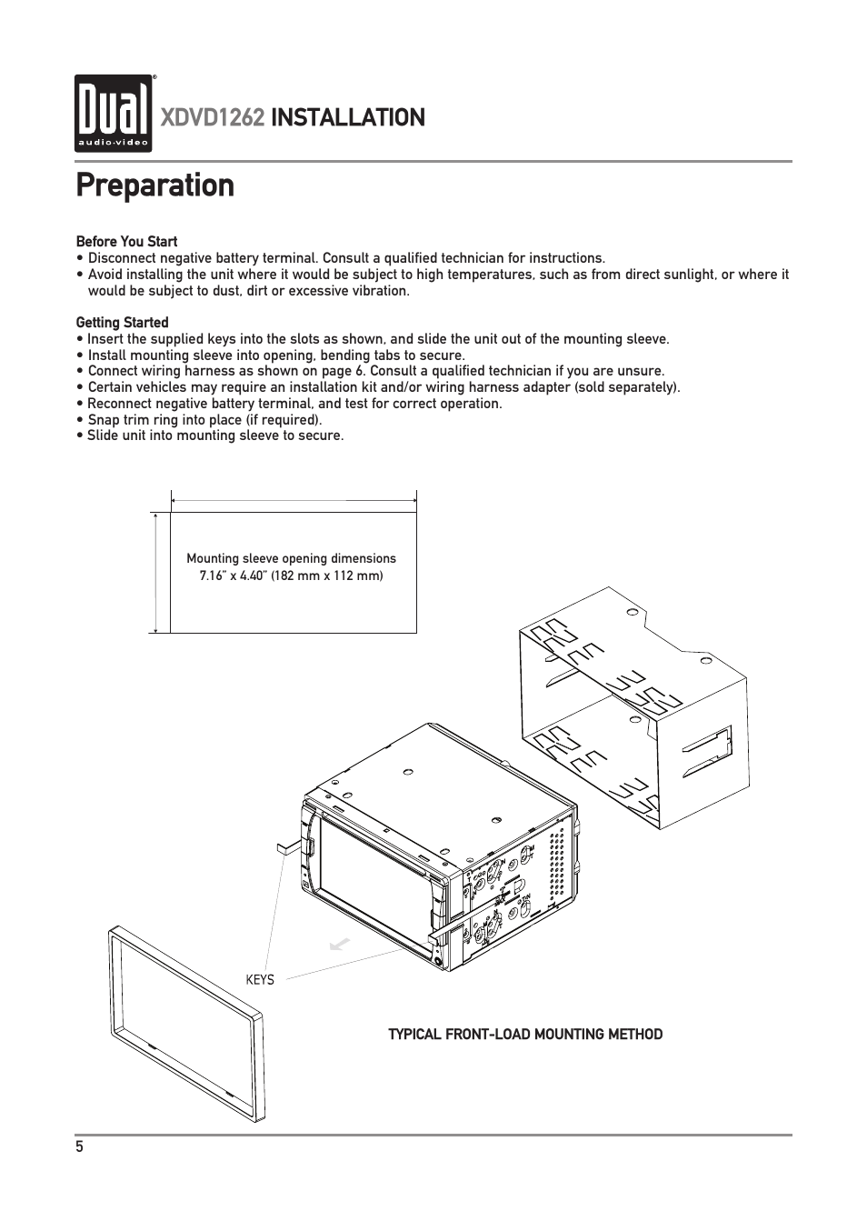 Preparation, Xdvd1262 installation | Dual Electronics XDVD1262 User Manual | Page 6 / 36