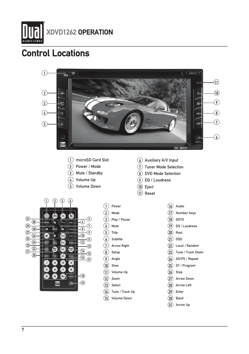Control locations, Xdvd1262 operation | Dual Electronics XDVD1262 User Manual | Page 8 / 36