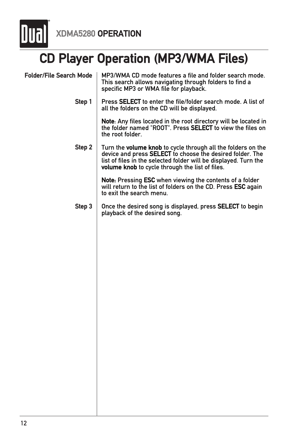 Cd player operation (mp3/wma files), Xdma5280 operation | Dual Electronics XDMA5280 User Manual | Page 12 / 28