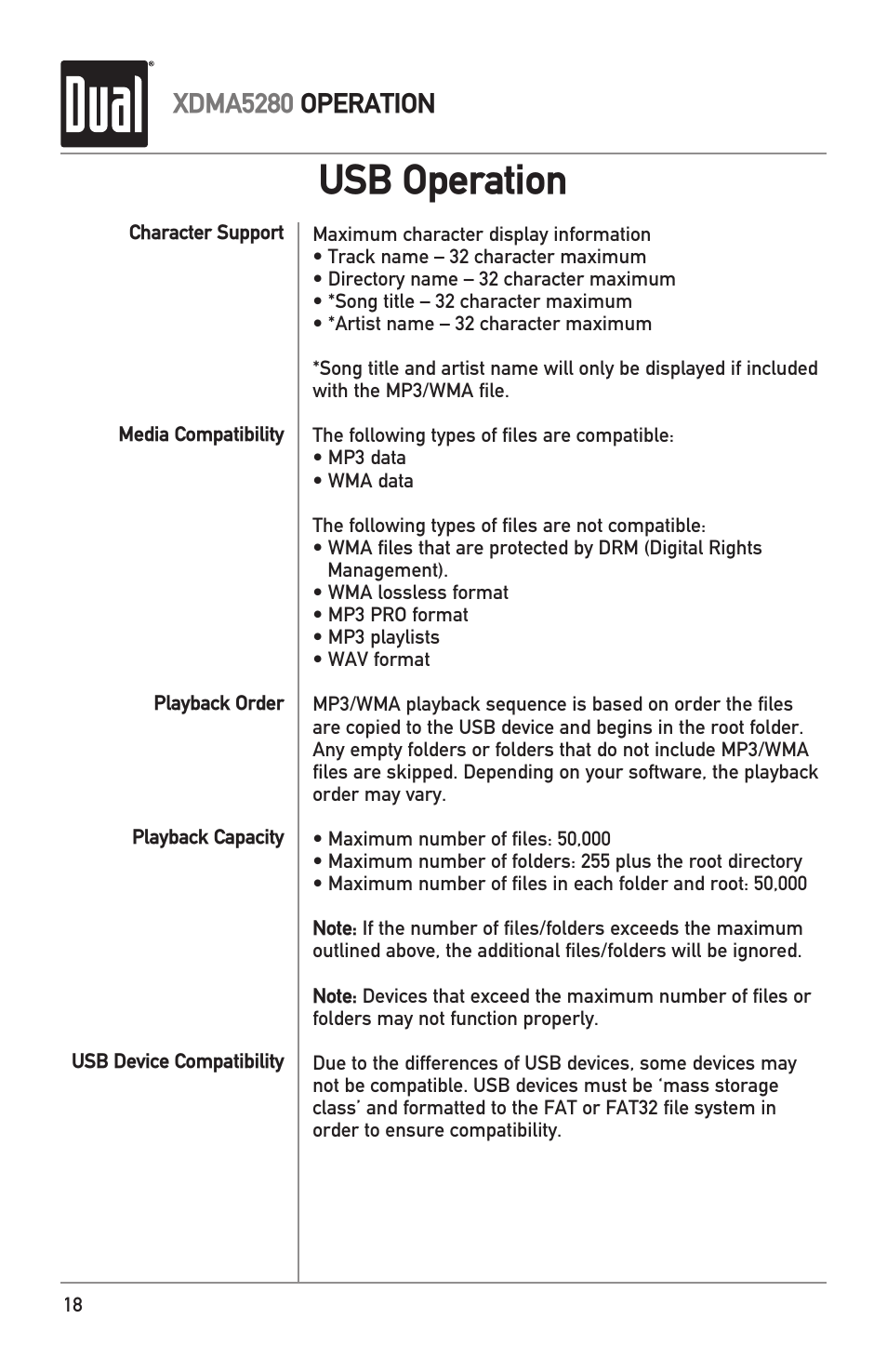 Usb operation, Xdma5280 operation | Dual Electronics XDMA5280 User Manual | Page 18 / 28