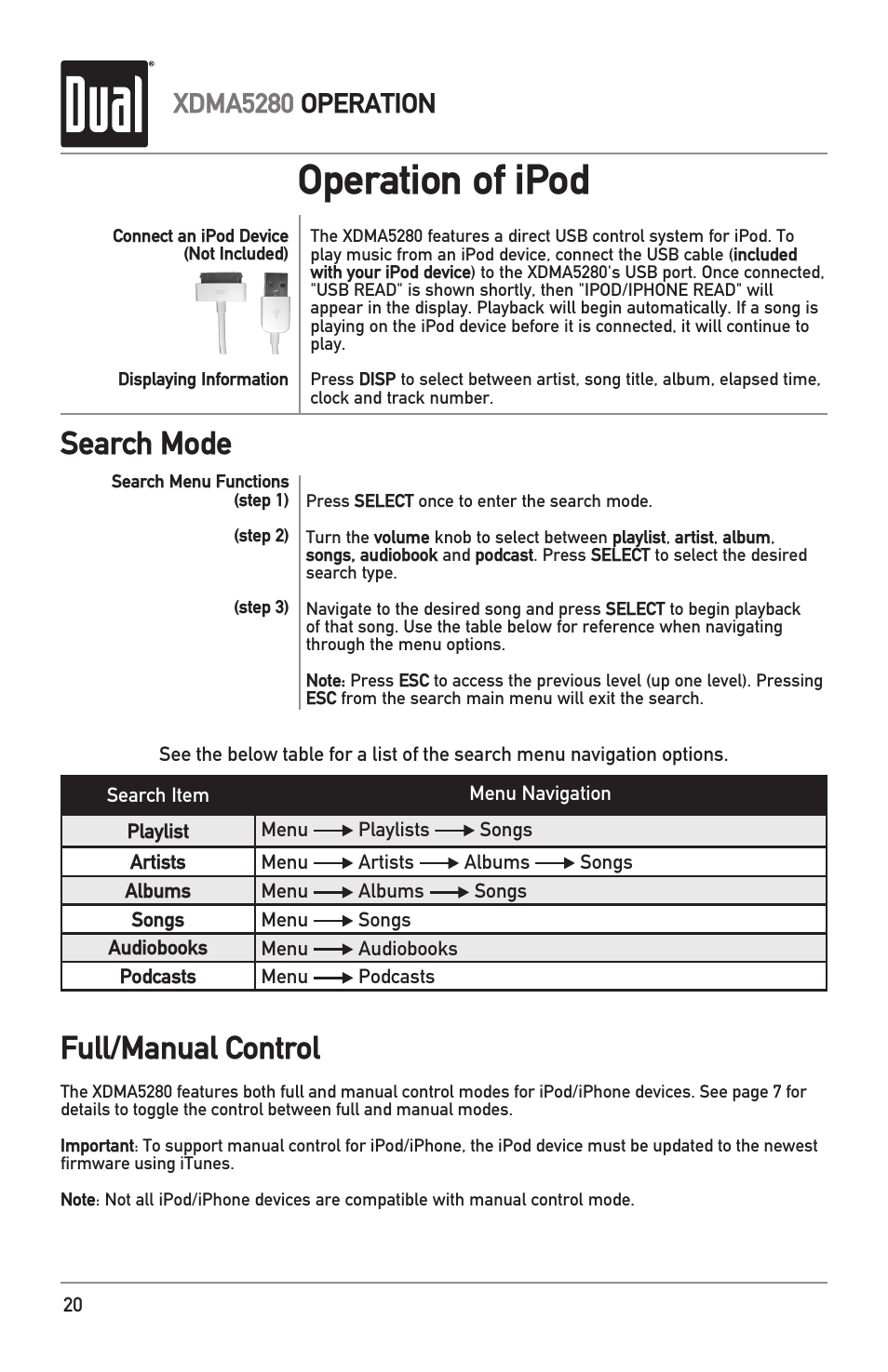 Operation of ipod, Search mode full/manual control, Xdma5280 operation | Dual Electronics XDMA5280 User Manual | Page 20 / 28