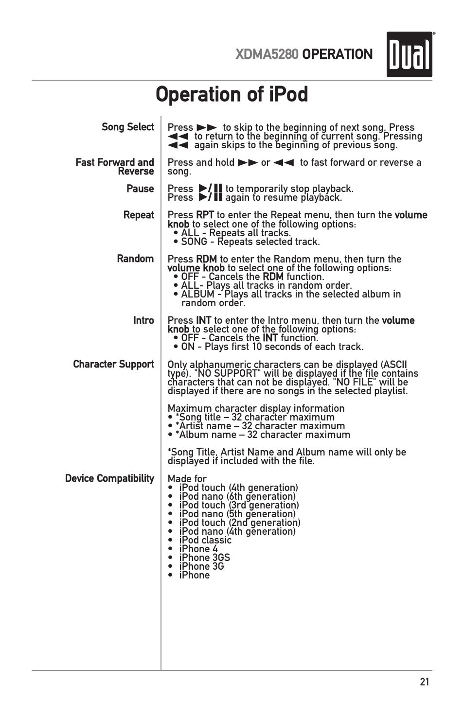 Operation of ipod, Xdma5280 operation | Dual Electronics XDMA5280 User Manual | Page 21 / 28