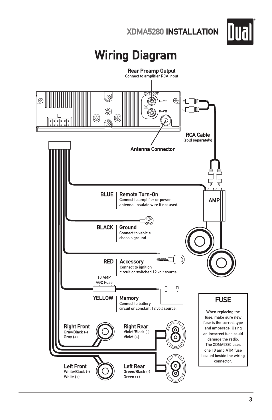 Wiring diagram, Xdma5280 installation, Fuse | Dual Electronics XDMA5280 User Manual | Page 3 / 28
