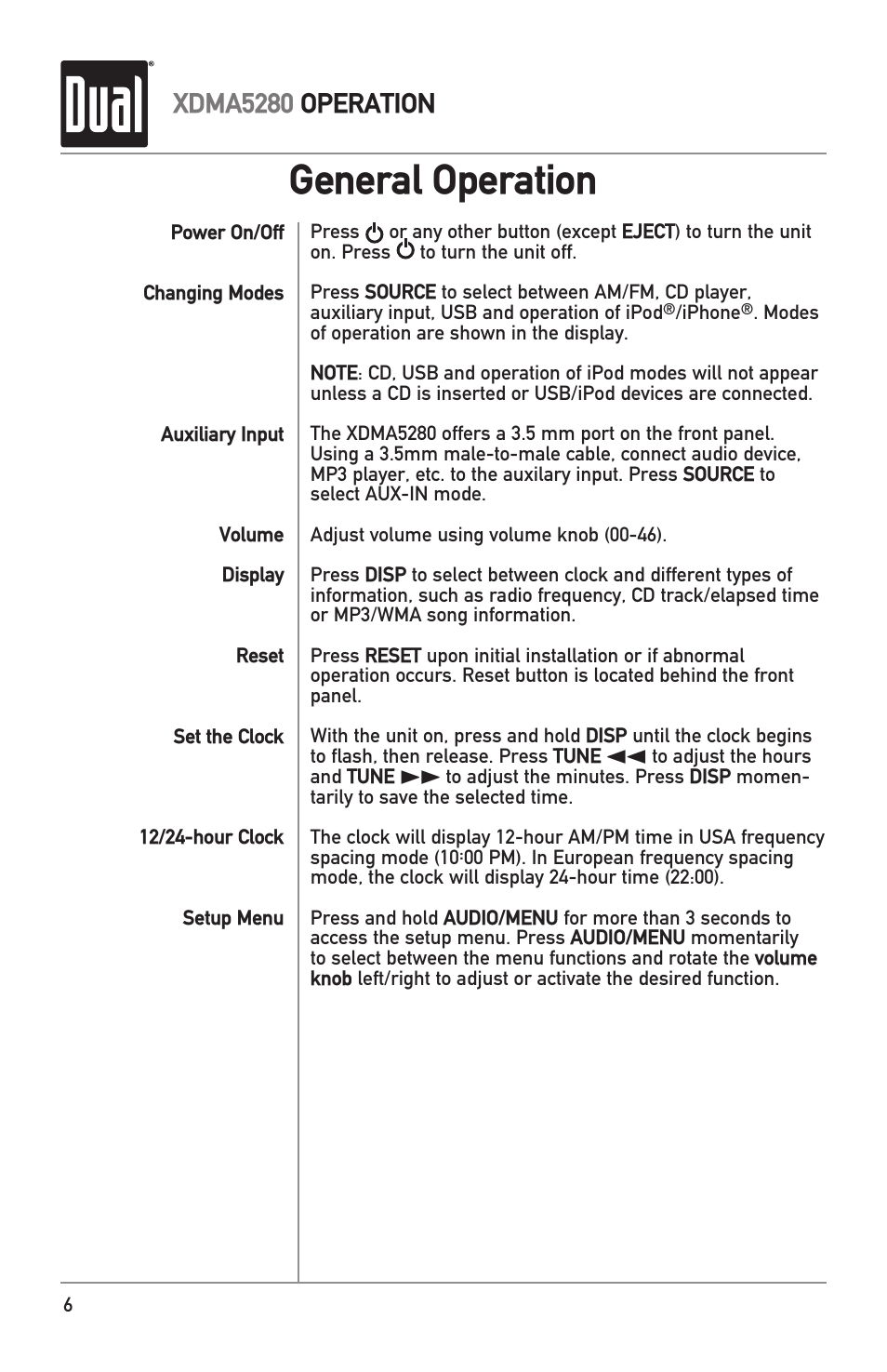 General operation, Xdma5280 operation | Dual Electronics XDMA5280 User Manual | Page 6 / 28