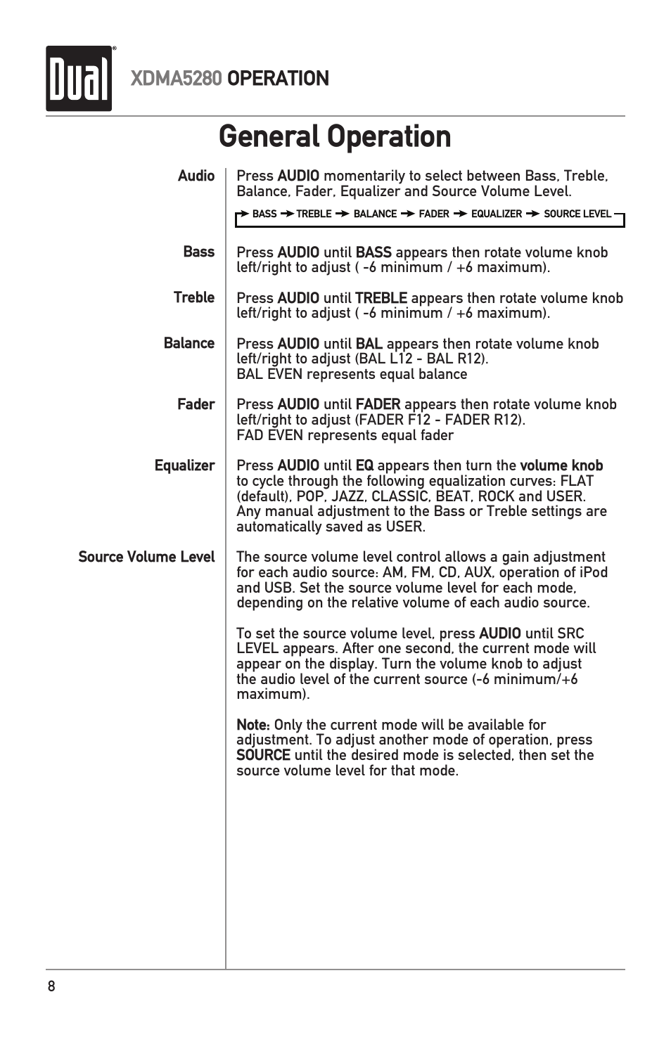 General operation, Xdma5280 operation | Dual Electronics XDMA5280 User Manual | Page 8 / 28