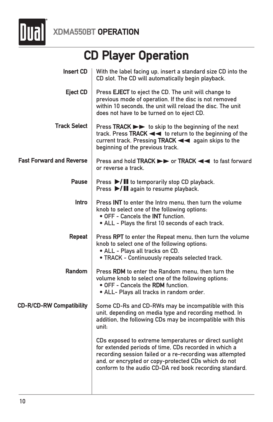 Cd player operation, Xdma550bt operation | Dual Electronics XDMA550BT User Manual | Page 10 / 32