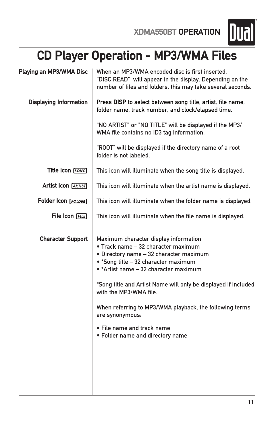 Cd player operation - mp3/wma files, Xdma550bt operation | Dual Electronics XDMA550BT User Manual | Page 11 / 32