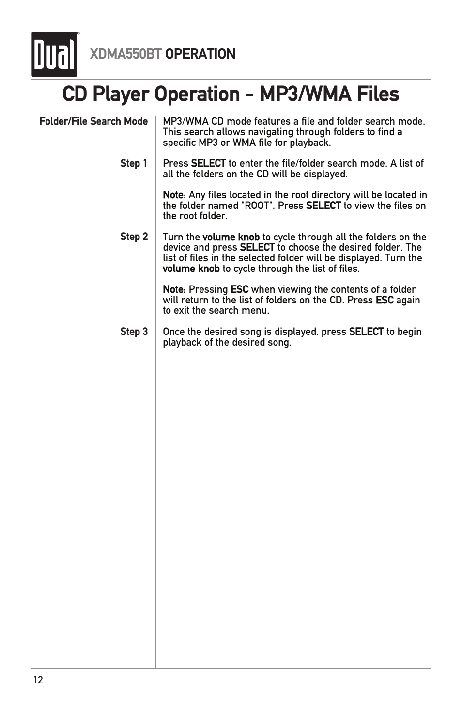 Cd player operation - mp3/wma files, Xdma550bt operation | Dual Electronics XDMA550BT User Manual | Page 12 / 32