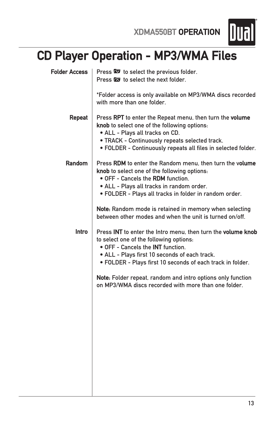 Cd player operation - mp3/wma files, Xdma550bt operation | Dual Electronics XDMA550BT User Manual | Page 13 / 32