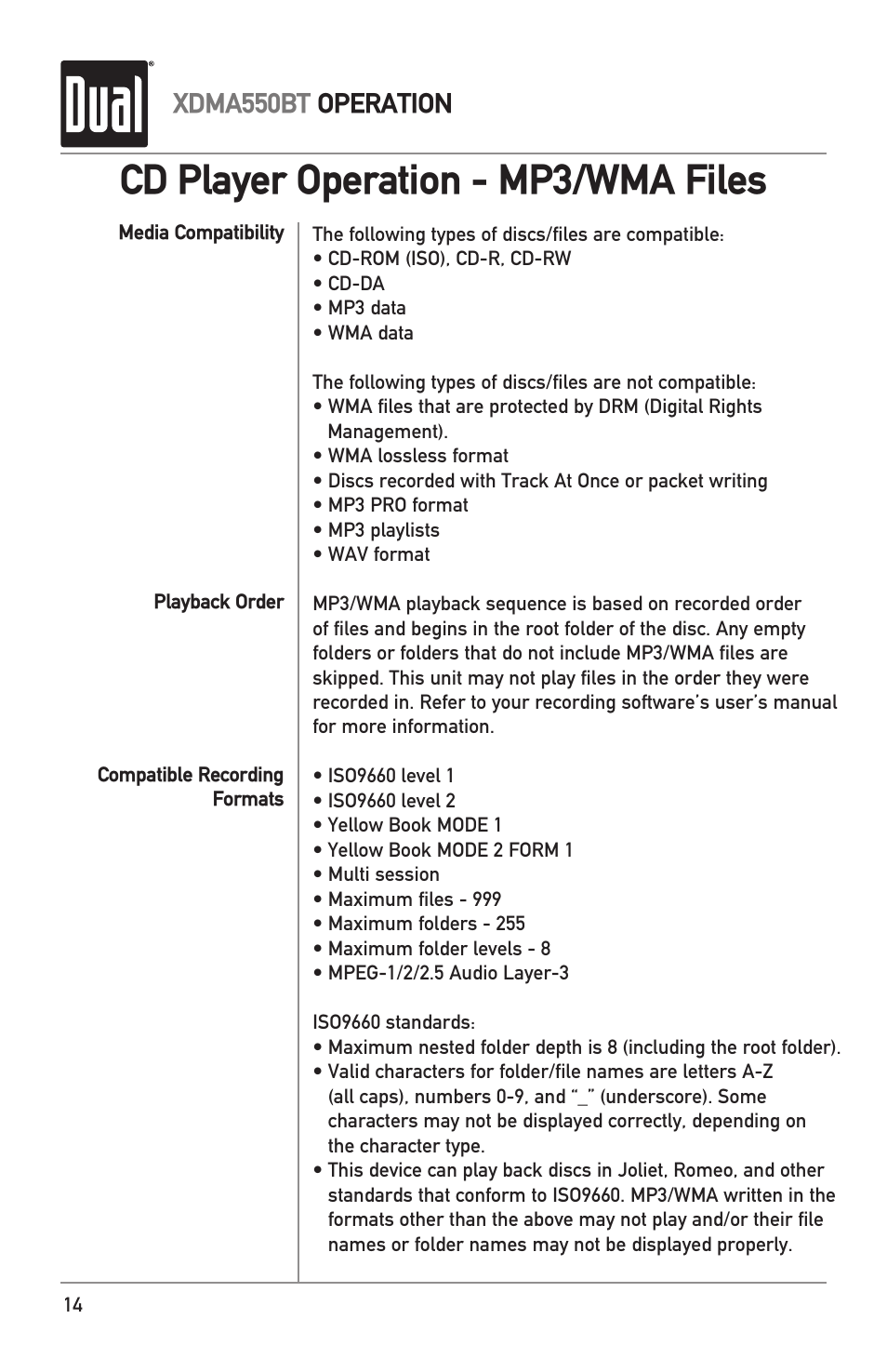 Cd player operation - mp3/wma files, Xdma550bt operation | Dual Electronics XDMA550BT User Manual | Page 14 / 32