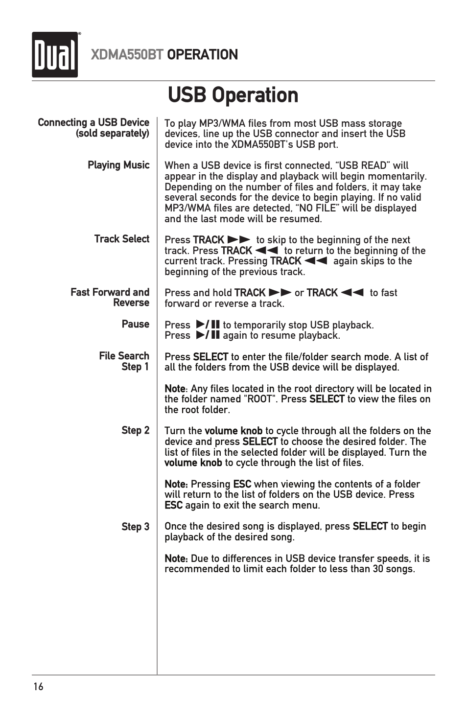 Usb operation | Dual Electronics XDMA550BT User Manual | Page 16 / 32