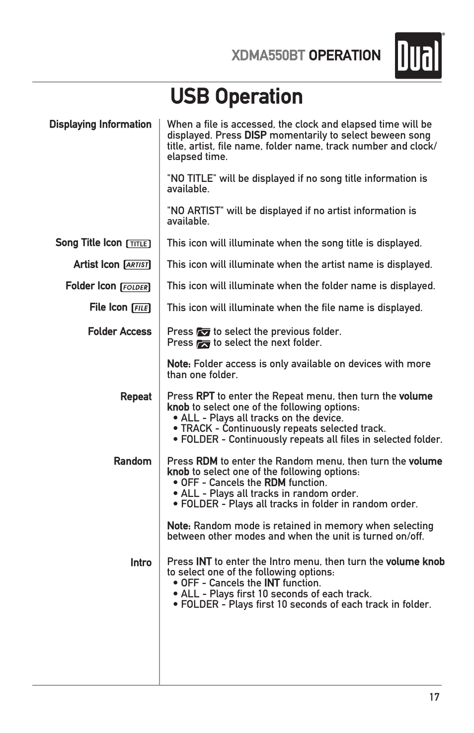 Usb operation, Xdma550bt operation | Dual Electronics XDMA550BT User Manual | Page 17 / 32