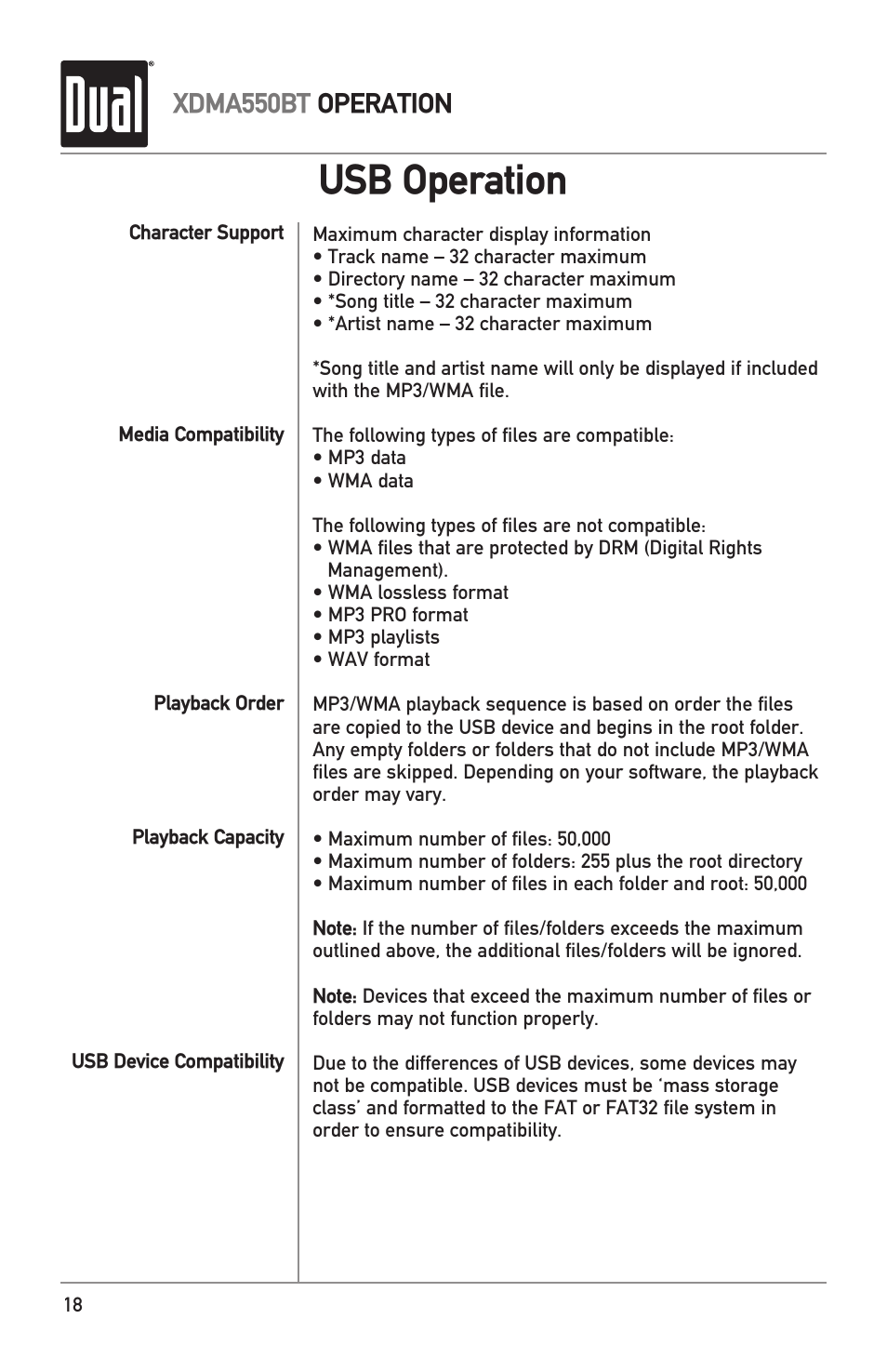 Usb operation, Xdma550bt operation | Dual Electronics XDMA550BT User Manual | Page 18 / 32