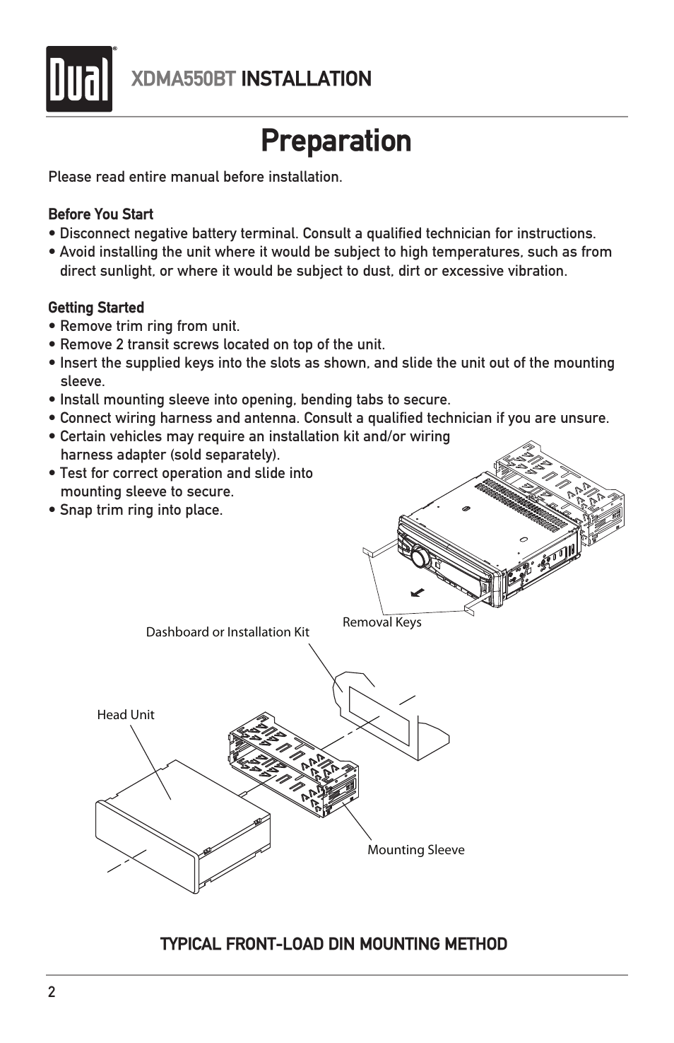 Preparation, Xdma550bt installation | Dual Electronics XDMA550BT User Manual | Page 2 / 32