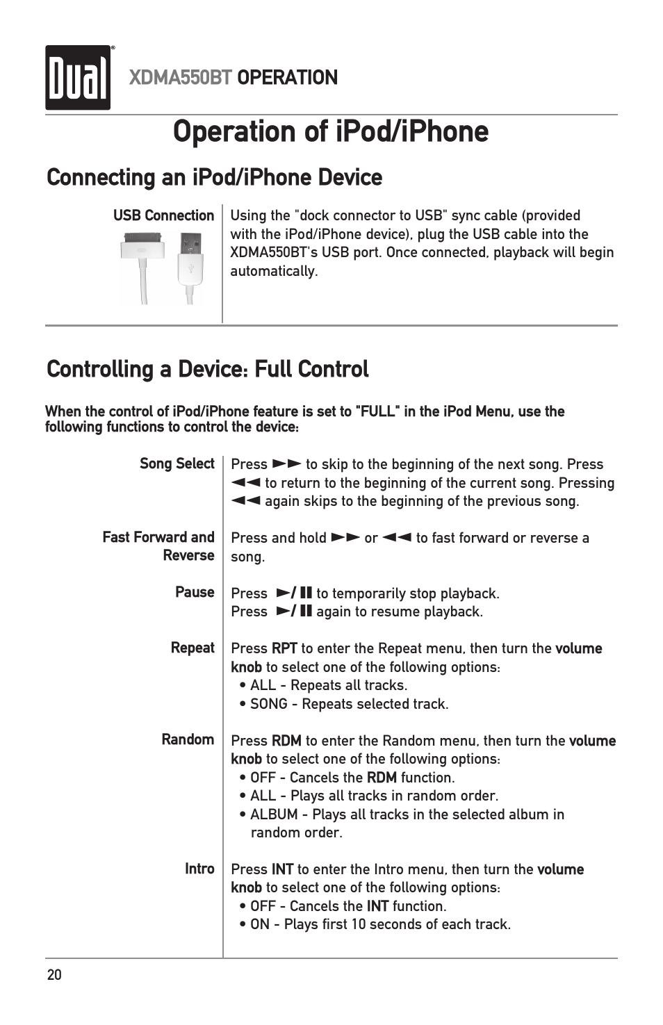 Operation of ipod/iphone | Dual Electronics XDMA550BT User Manual | Page 20 / 32