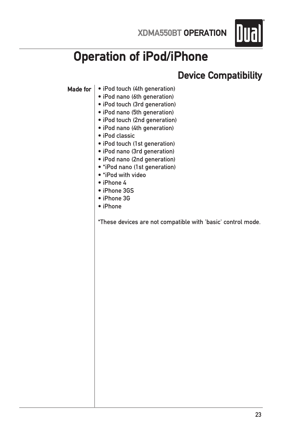 Operation of ipod/iphone, Device compatibility | Dual Electronics XDMA550BT User Manual | Page 23 / 32