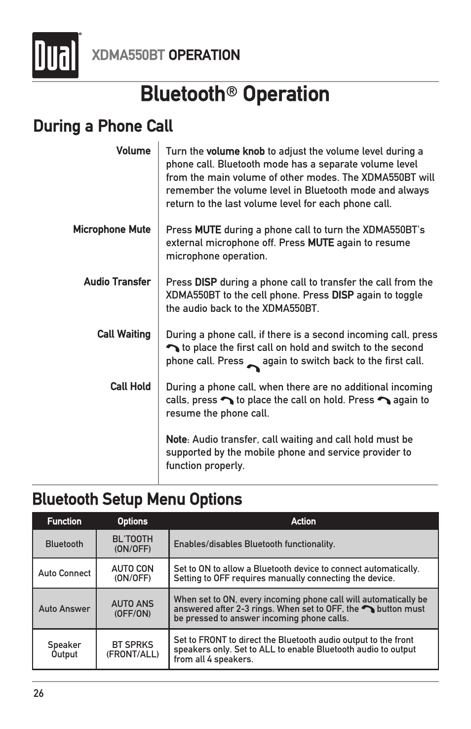 Bluetooth, Operation, During a phone call | Bluetooth setup menu options, Xdma550bt operation | Dual Electronics XDMA550BT User Manual | Page 26 / 32