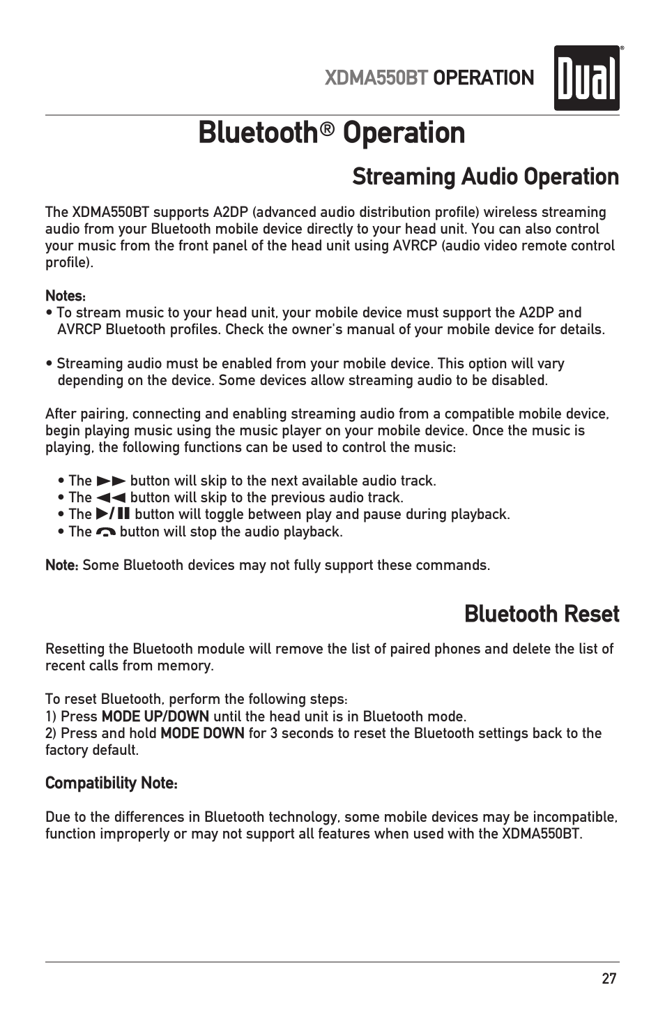 Bluetooth, Operation, Streaming audio operation bluetooth reset | Dual Electronics XDMA550BT User Manual | Page 27 / 32