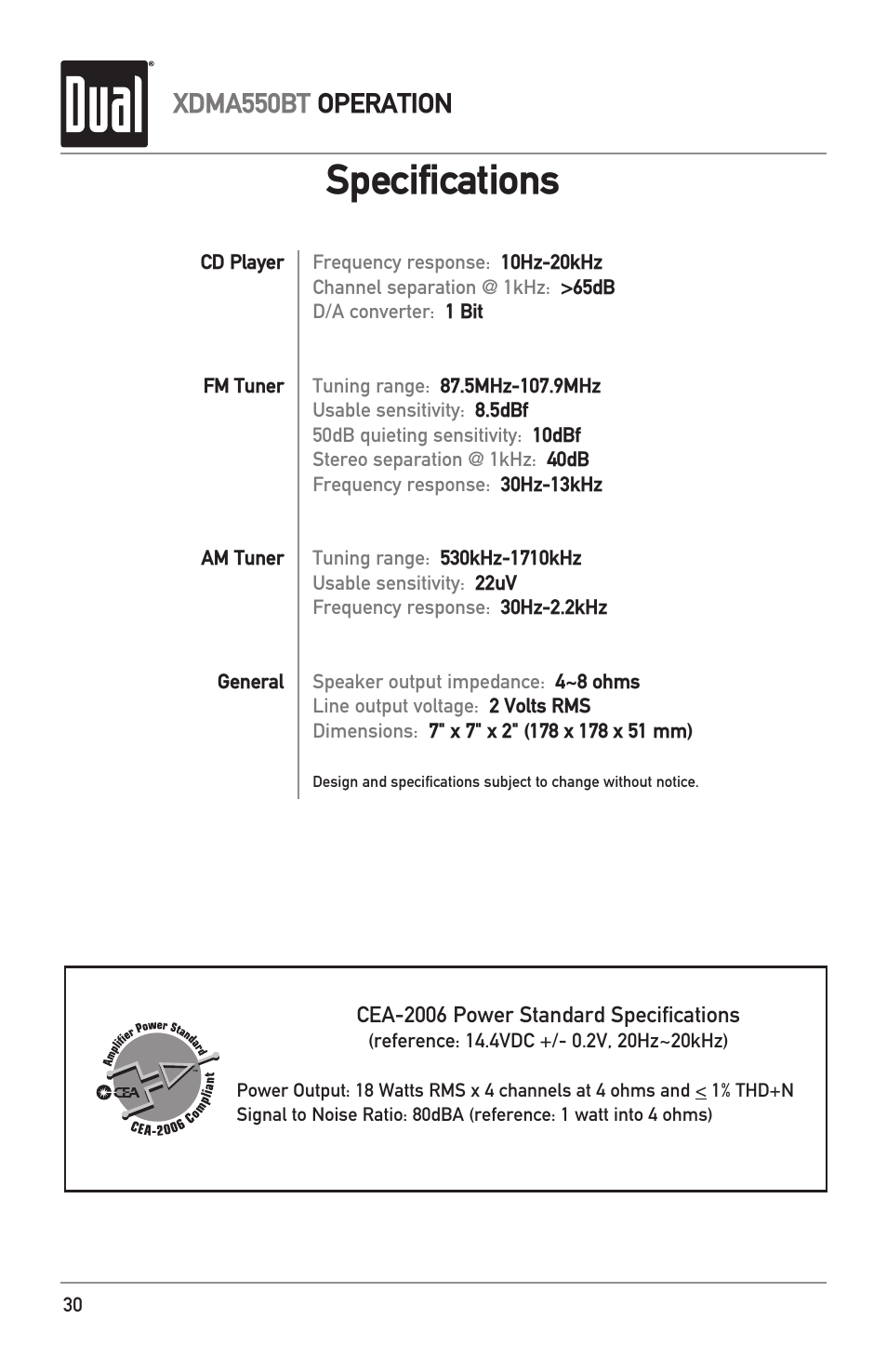 Specifications, Xdma550bt operation | Dual Electronics XDMA550BT User Manual | Page 30 / 32
