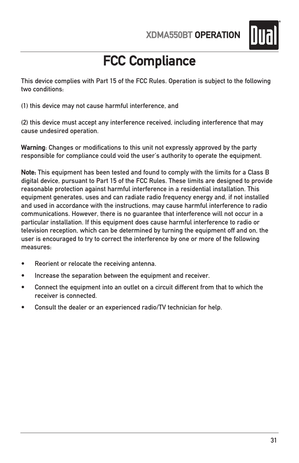 Fcc compliance, Xdma550bt operation | Dual Electronics XDMA550BT User Manual | Page 31 / 32