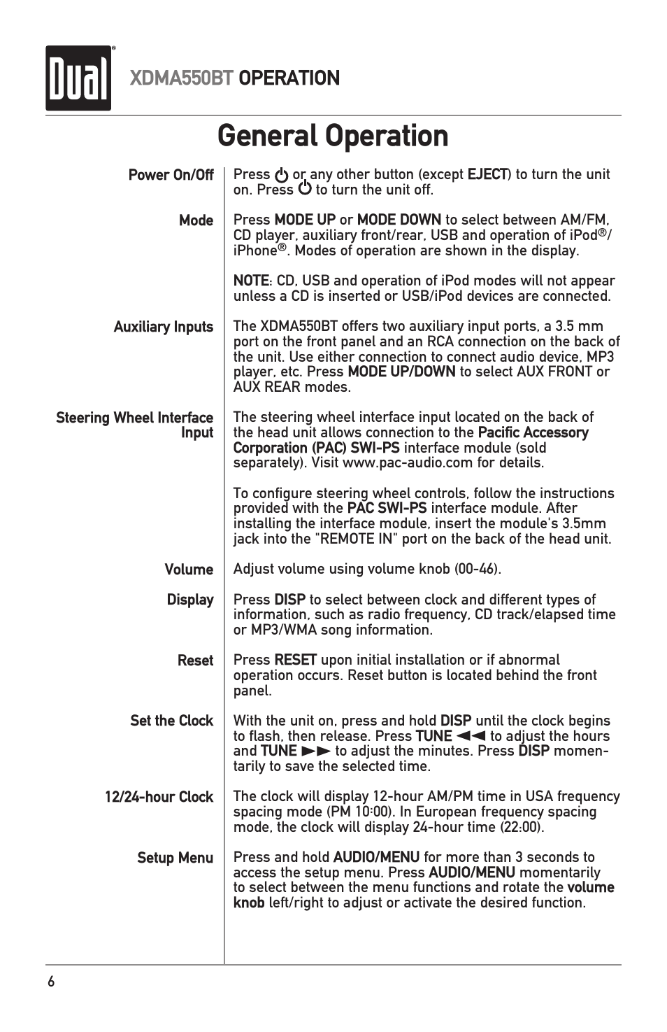 General operation, Xdma550bt operation | Dual Electronics XDMA550BT User Manual | Page 6 / 32