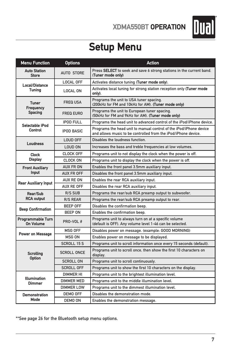 Setup menu, Xdma550bt operation | Dual Electronics XDMA550BT User Manual | Page 7 / 32