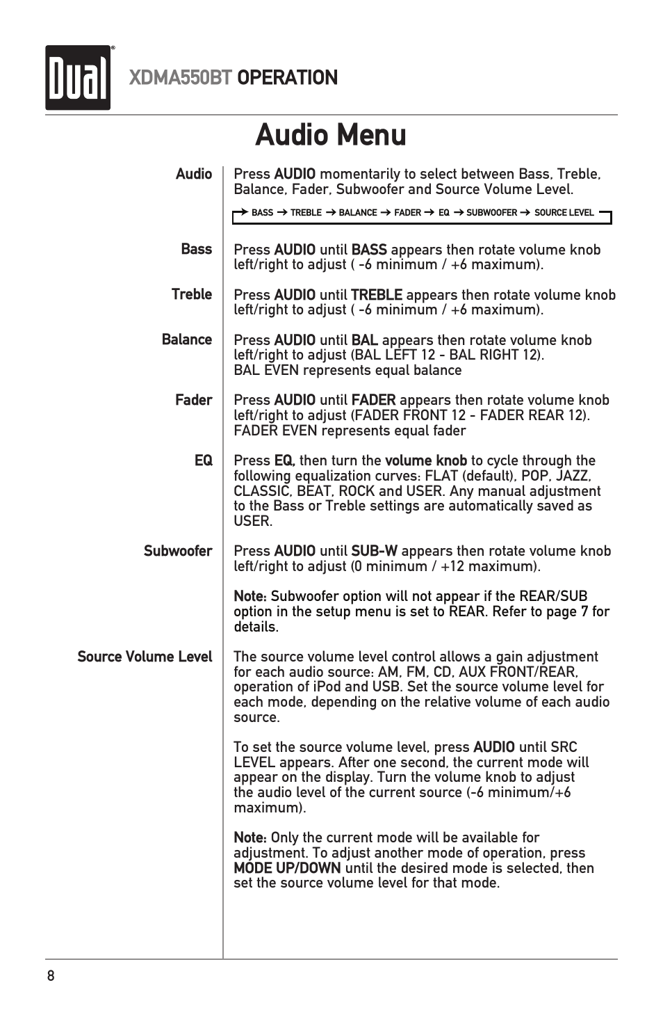Audio menu, Xdma550bt operation | Dual Electronics XDMA550BT User Manual | Page 8 / 32
