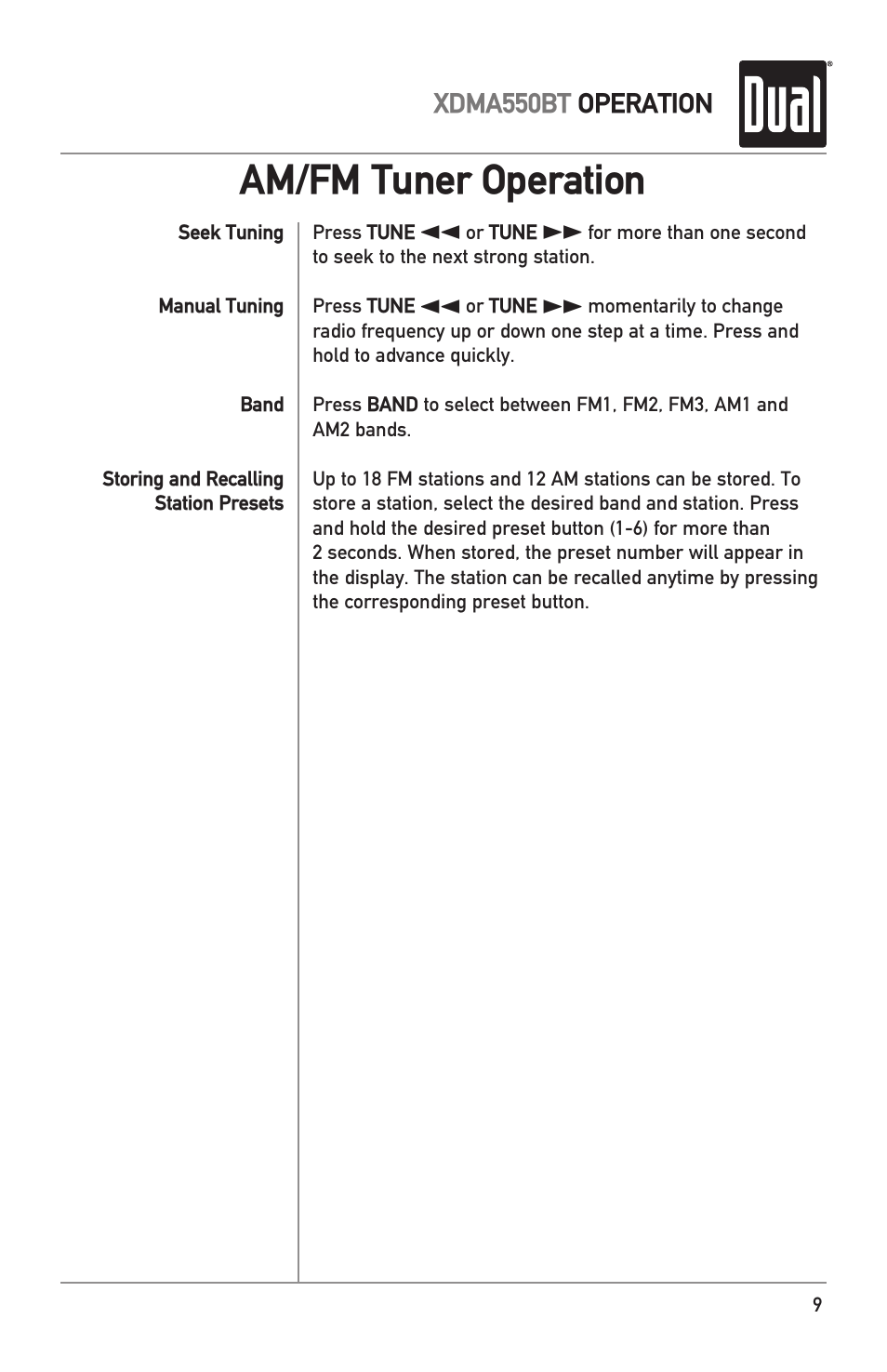 Am/fm tuner operation | Dual Electronics XDMA550BT User Manual | Page 9 / 32