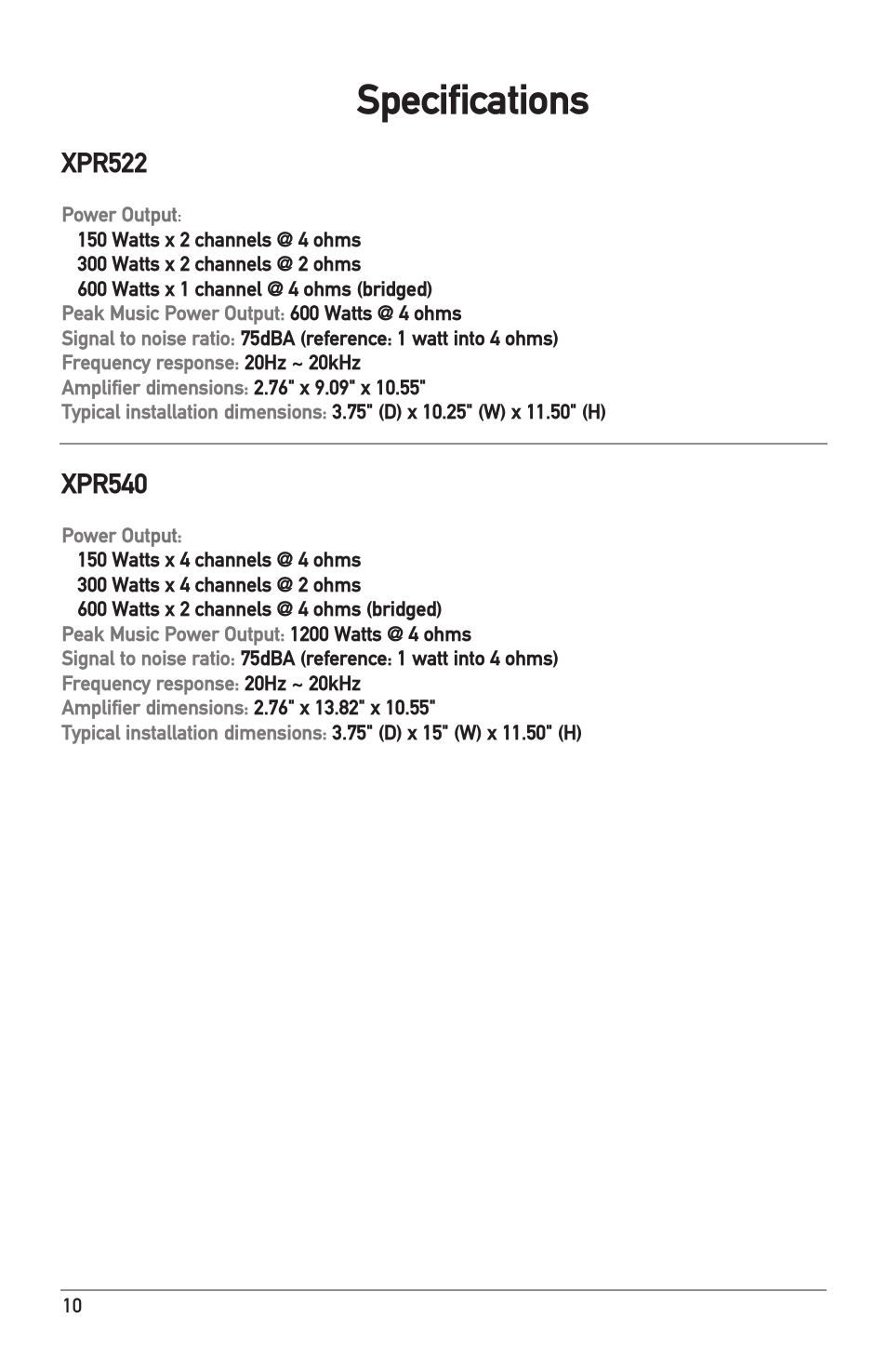 Specifications, Xpr522, Xpr540 | Dual Electronics XPR540 User Manual | Page 10 / 12
