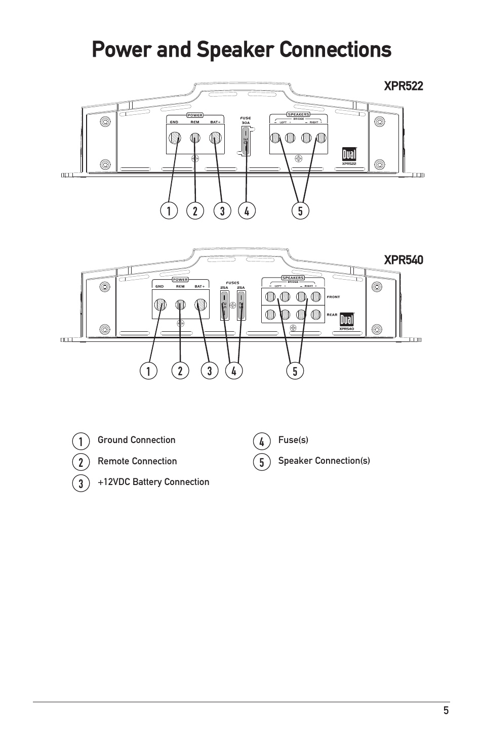 Power and speaker connections | Dual Electronics XPR540 User Manual | Page 5 / 12