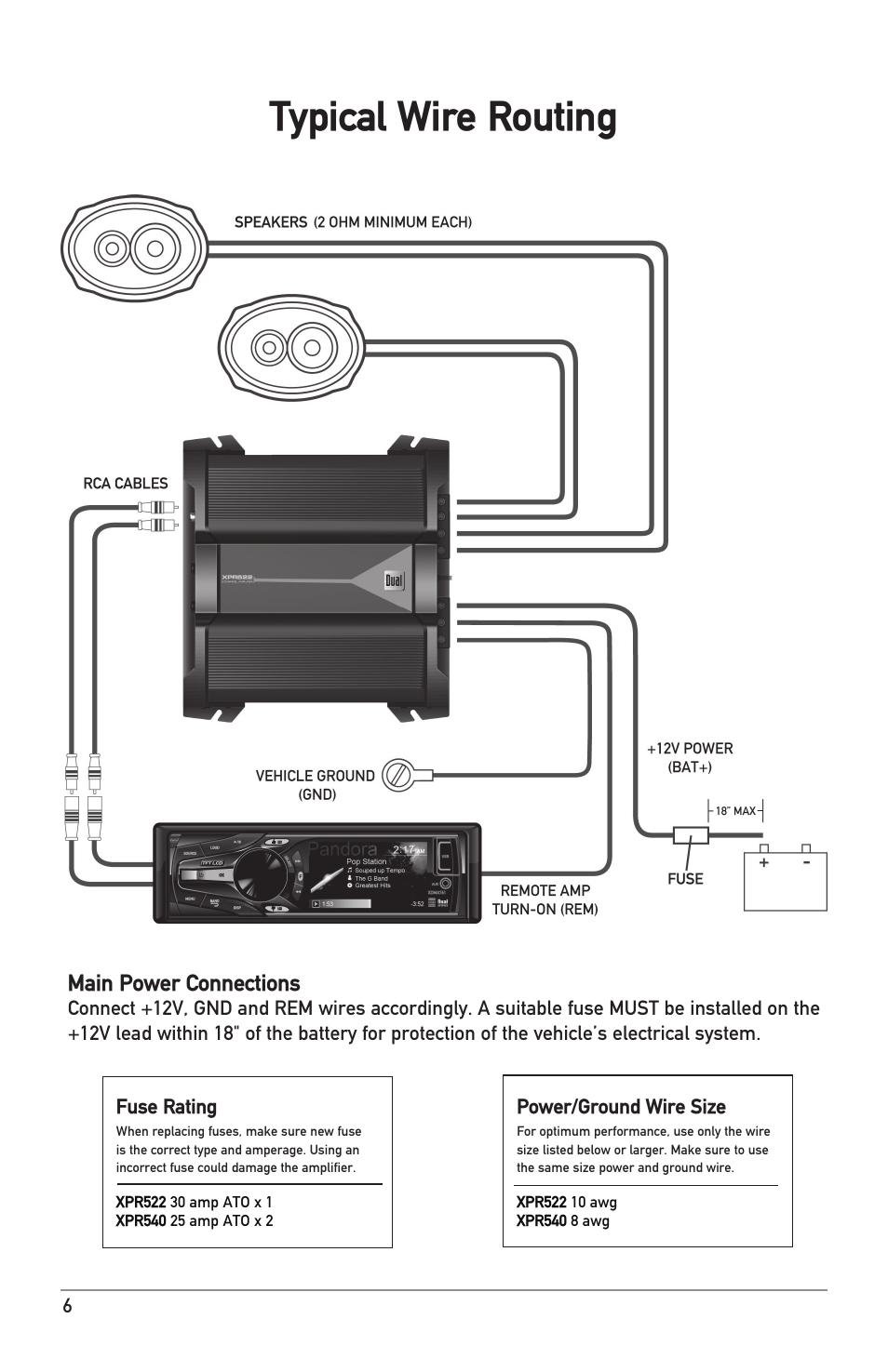 Typical wire routing, Main power connections | Dual Electronics XPR540 User Manual | Page 6 / 12