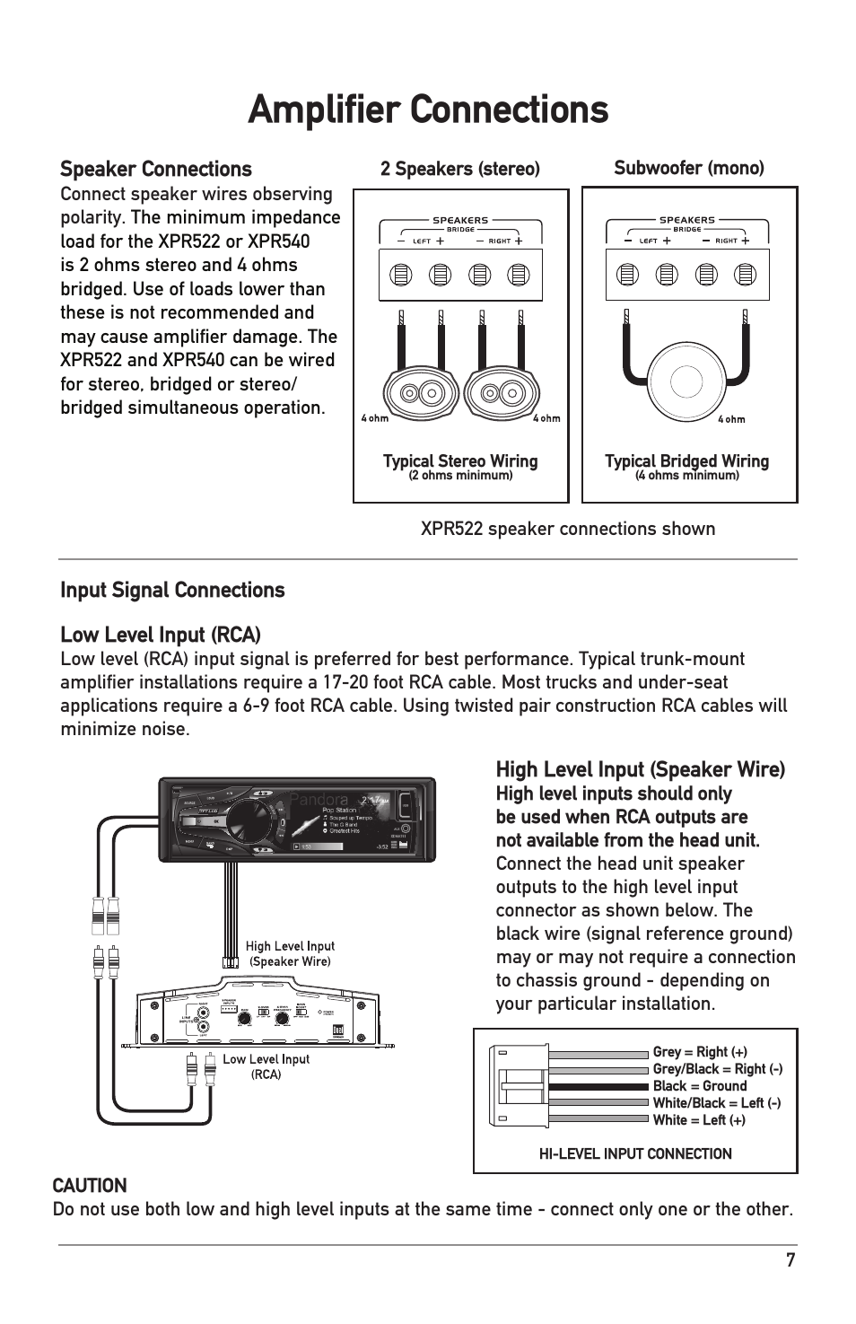 Amplifier connections, Speaker connections, Input signal connections low level input (rca) | High level input (speaker wire) | Dual Electronics XPR540 User Manual | Page 7 / 12